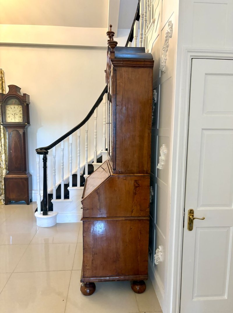 Antique Queen Anne Fantastic Quality Burr Walnut and Featherbanded Bureau Bookcase